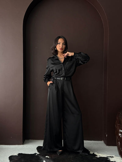 Pantaloni din satin cu talie înaltă și croială largă – Design elegant și confortabil - Negru | F2052
