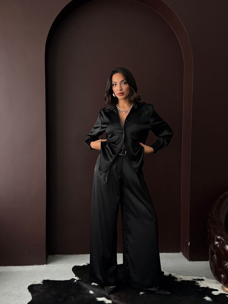 Pantaloni din satin cu talie înaltă și croială largă – Design elegant și confortabil - Negru | F2052