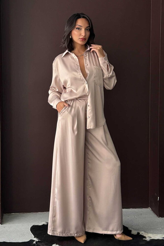 High-Waisted Wide-Leg Satin Trousers – Stylish and Comfortable Design - Stone | F2052