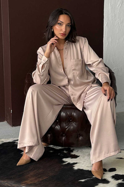 Pantaloni din satin cu talie înaltă și croială largă – Design elegant și confortabil - Gri închis | F2052