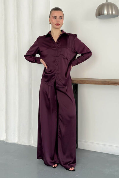 Pantaloni din satin cu talie înaltă și croială largă – Design elegant și confortabil - Prună | F2052