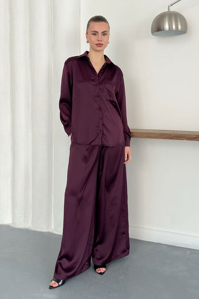 Pantaloni din satin cu talie înaltă și croială largă – Design elegant și confortabil - Prună | F2052