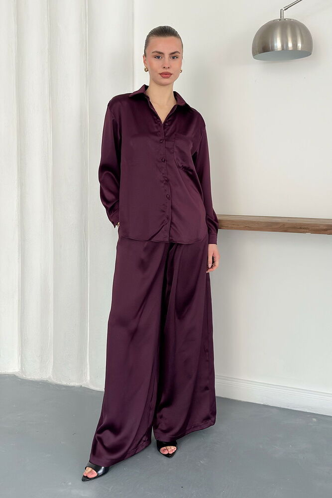 Pantaloni din satin cu talie înaltă și croială largă – Design elegant și confortabil - Prună | F2052