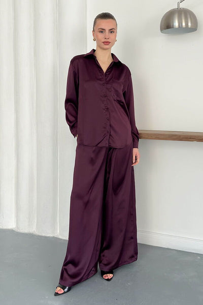 Pantaloni din satin cu talie înaltă și croială largă – Design elegant și confortabil - Prună | F2052