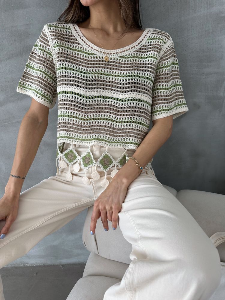 Topshow Emerald Mesh Blouse with Six Pom-Poms Wholesale